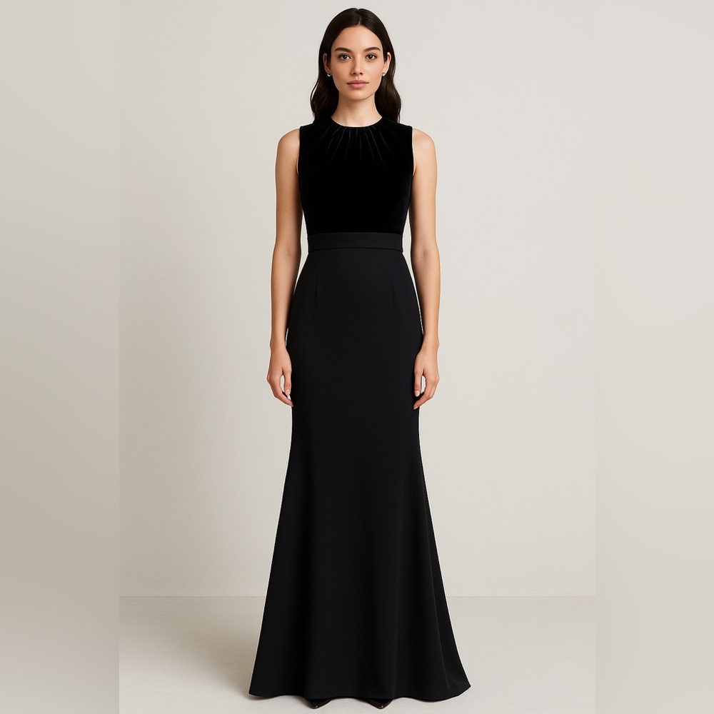 Max Mara Pianoforte Velvet & Crepe Evening Gown Made in Italy Size US 8 Black